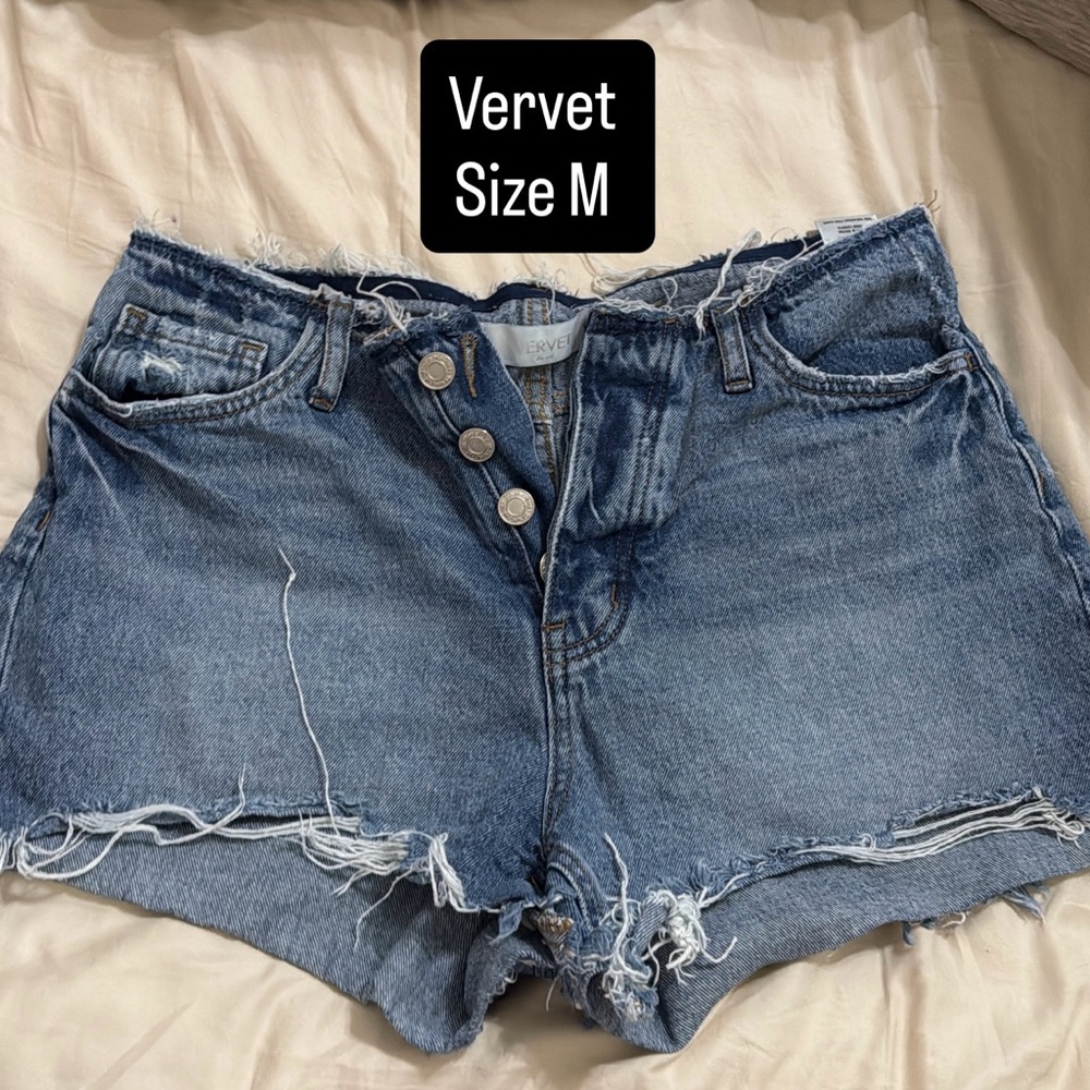 Vervet High-Rise Distressed Denim Shorts in Medium Blue